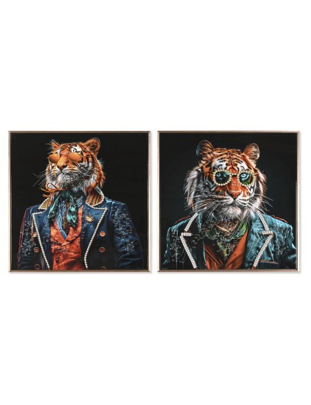 Cuadro Home ESPRIT Negro Turquesa Tigre Lacado 60 x 3,5 x 60 cm (2 Unidades)