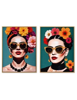 Quadro Home ESPRIT Turchese Fiori Laccato 52,5 x 3 x 72,5 cm (2 Unità)