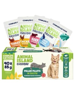 Comida para gato ANIMAL ISLAND Everyday Beef, chicken, turkey and white fish fillets in broth 40 x 85 g