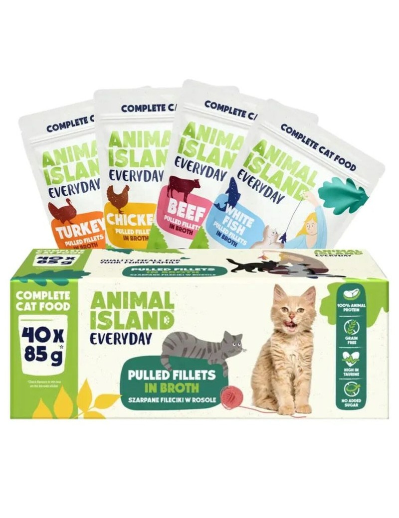 Comida para gato ANIMAL ISLAND Everyday Beef, chicken, turkey and white fish fillets in broth 40 x 85 g