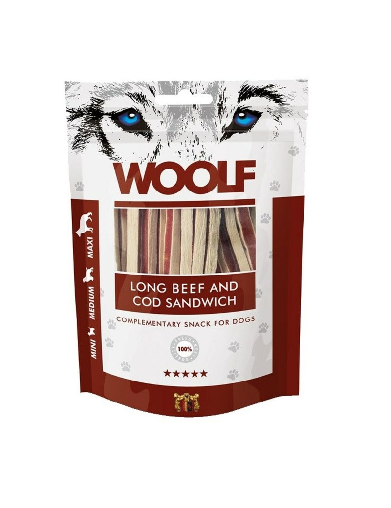 Snack per Cani Woolf Long Beef and Cod Sandwich Carne di manzo e vitello 100 g