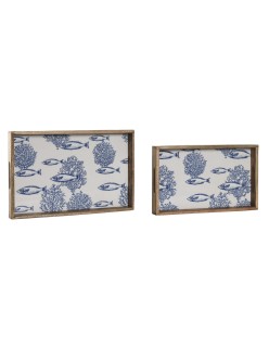 Set di Vassoi Home ESPRIT Azzurro Bianco Naturale Legno di mango 43,5 x 27 x 5,5 cm (2 Unità)