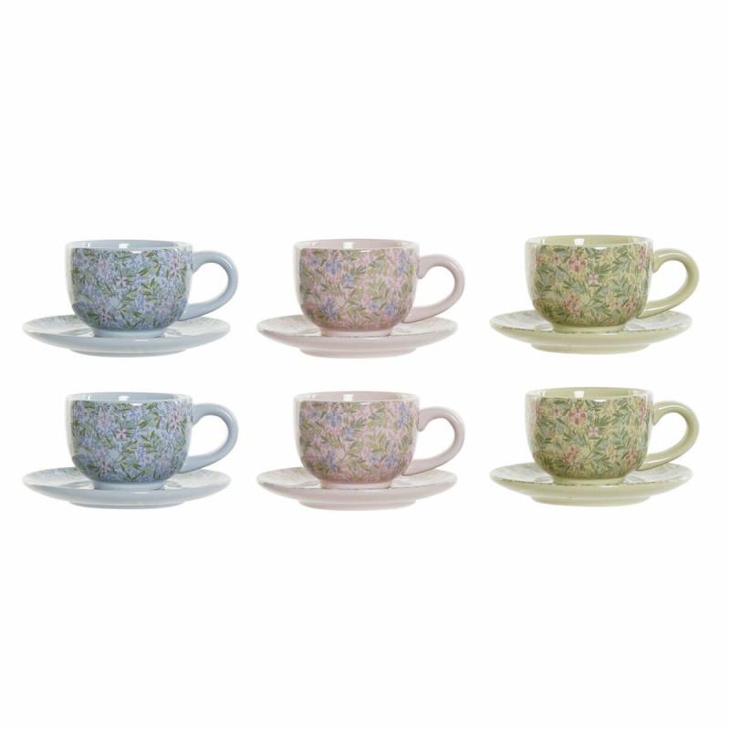 Conjunto de Chávenas de Café DKD Home Decor Azul Cor de Rosa Metal Verde Bloemen Dolomite (6 pcs) (180 ml) (14 x 14 x 7 cm)