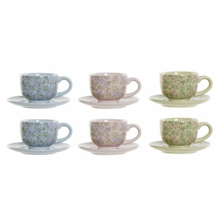 Conjunto de Chávenas de Café DKD Home Decor Azul Cor de Rosa Metal Verde Bloemen Dolomite (6 pcs) (180 ml) (14 x 14 x 7 cm)