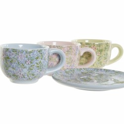 Conjunto de Chávenas de Café DKD Home Decor Azul Cor de Rosa Metal Verde Bloemen Dolomite (6 pcs) (180 ml) (14 x 14 x 7 cm)