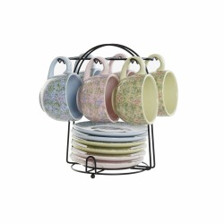 Conjunto de Chávenas de Café DKD Home Decor Azul Cor de Rosa Metal Verde Bloemen Dolomite (6 pcs) (180 ml) (14 x 14 x 7 cm)