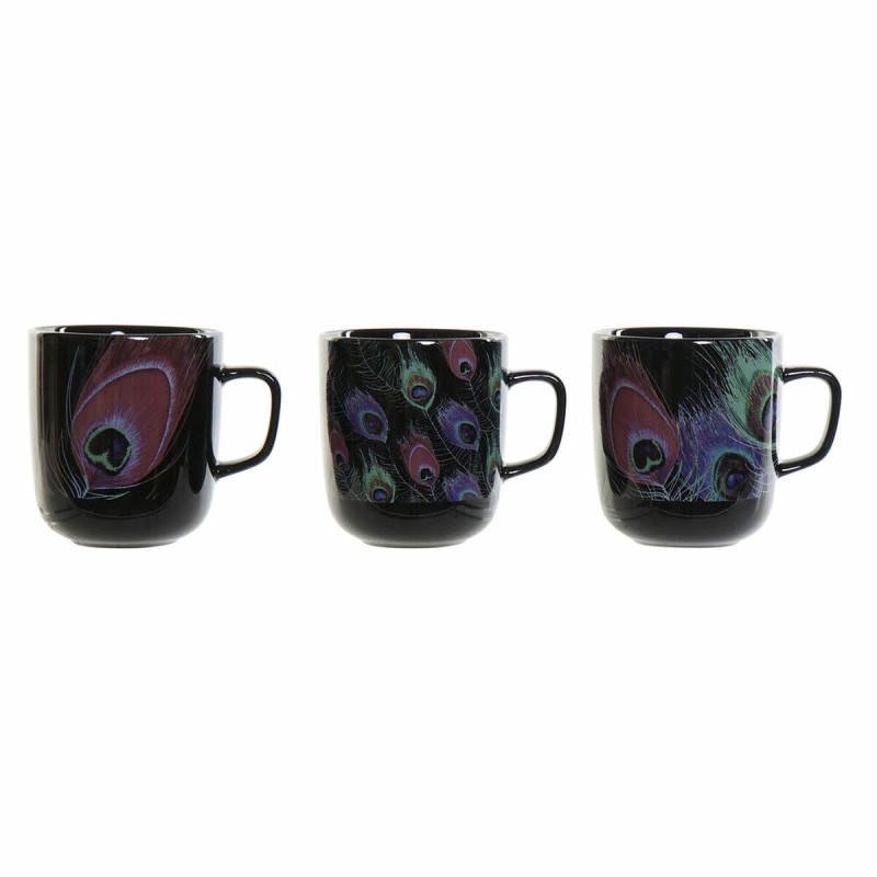 Tazza Mug DKD Home Decor Porcellana Nero Rosa Multicolore 3 Unità (11,5 x 8,5 x 10 cm) (380 ml)
